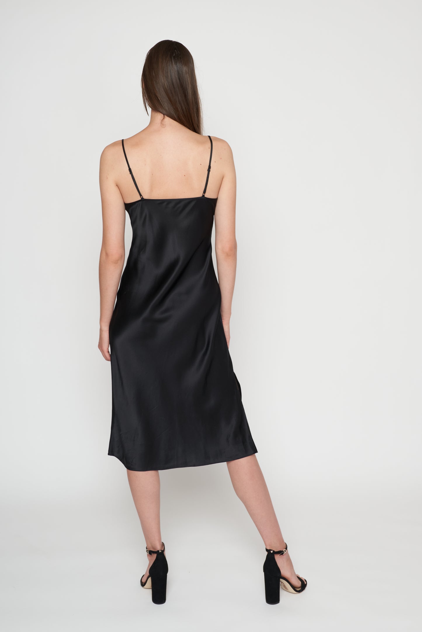 Silk Slip Midi Dress - Black
